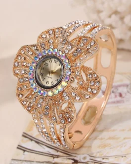 أزياء شكل زهرة كريستال يتصل الجوف المعادن حزام المرأة كوارتز ساعة - NO.1