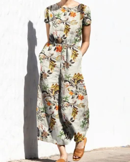 بذلة قطنية بأكمام قصيرة وطبعة نباتية وياقة دائرية