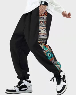 بنطلون رياضي برباط كاجوال بطباعة هندسية عتيقة للرجال
