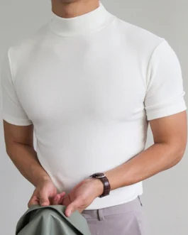 تي شيرت صيفي غير رسمي للرجال بياقة عالية مناسب للعضلات