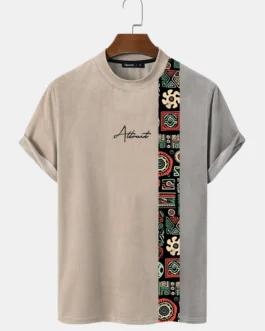 رجالي رسالة هندسية طباعة المرقعة وهمية الرقبة قصيرة الأكمام تي شيرت