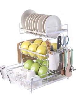 رف أطباق لتجفيف المطبخ متعدد الوظائف مكون من 3 طبقات فوق رف تجفيف الحوض