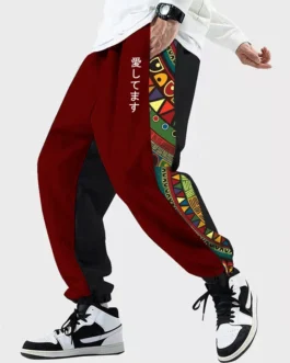 بنطلون رياضي رجالي فضفاض بطبعة هندسية يابانية