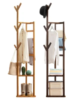 حامل ورف معطف خشبي متعدد الأغراض مع خطافات لتنظيم غرفة النوم بالمنزل